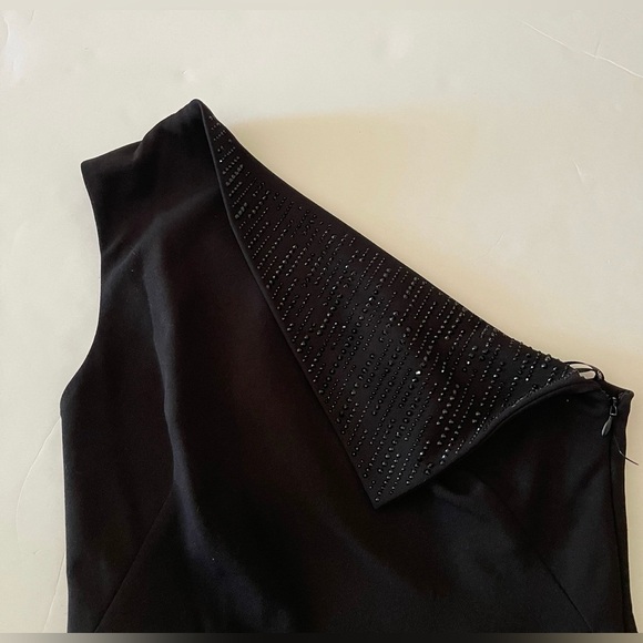 Black Embellished Rhinestone One Shoulder Calvin Klein Sheath Dress - Picture 3 of 7